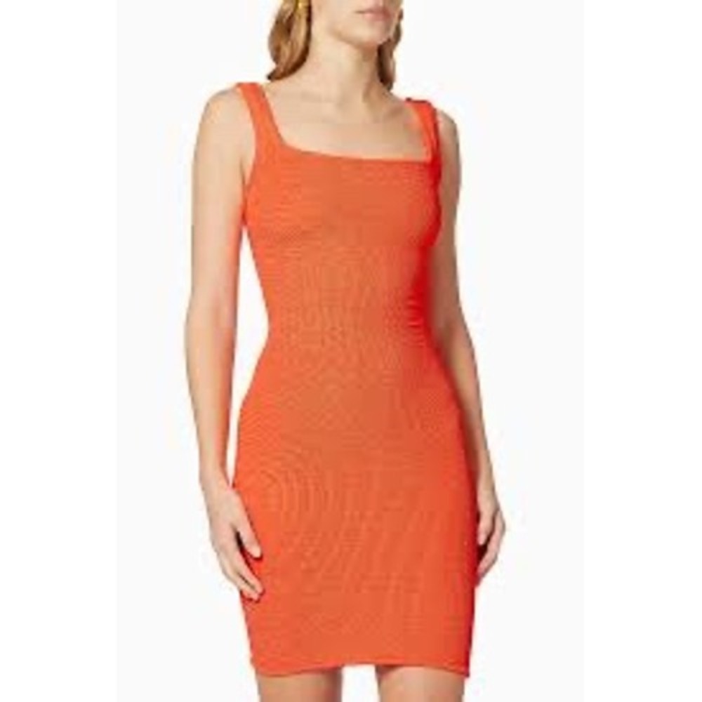 Hunza G Pamela Mini Dress Neon Orange Crinkle Knit Square Neck Bodycon One Size